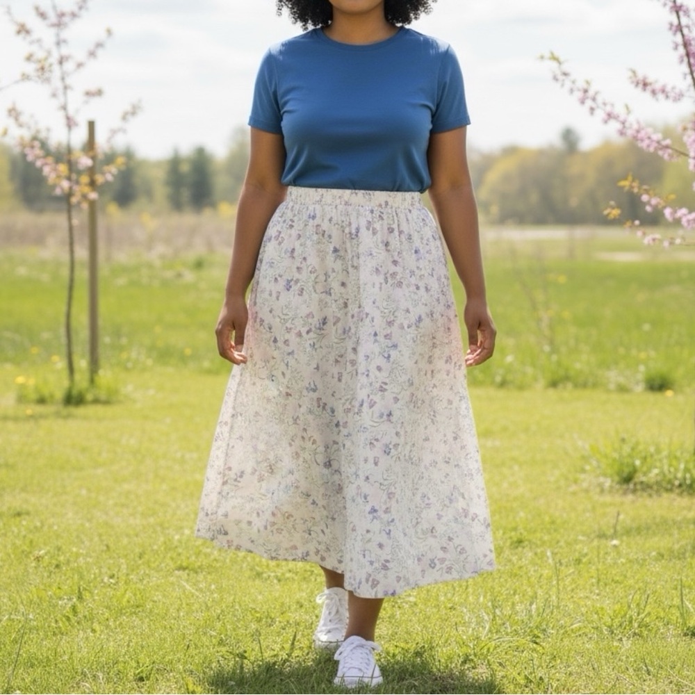Vintage Handmade Floral Print Cream and Lavender Elastic Waist Midi Skirt Sz L